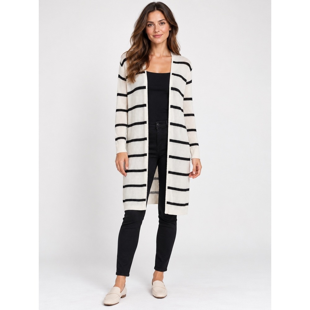 Pink Lily Striped Duster Cardigan Sweater Cream Black Open Front Longline Small